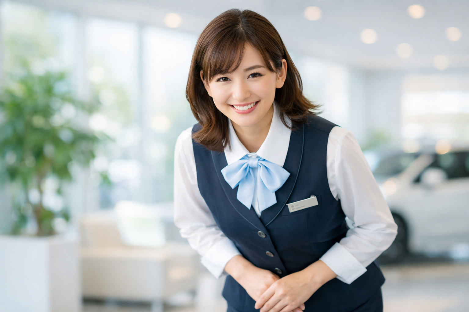 清楚な事務服のスタッフが笑顔で会釈しているメインビジュアル