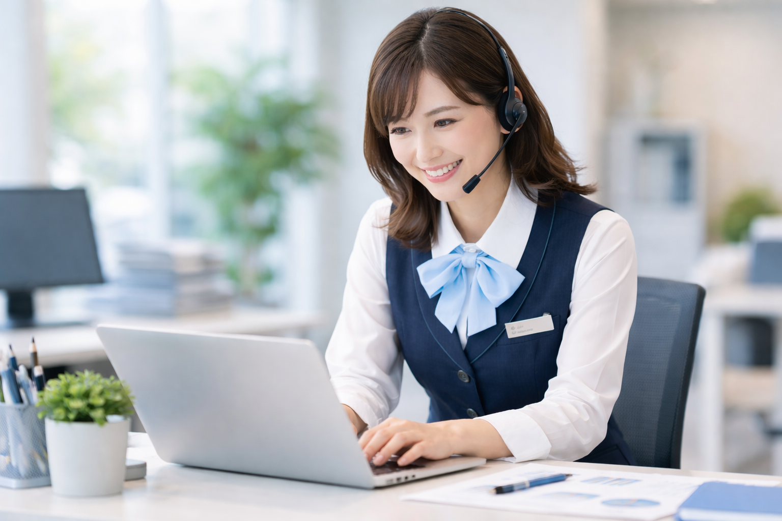 PCに向かって丁寧に対応するスタッフ（業務・対応のイメージ）