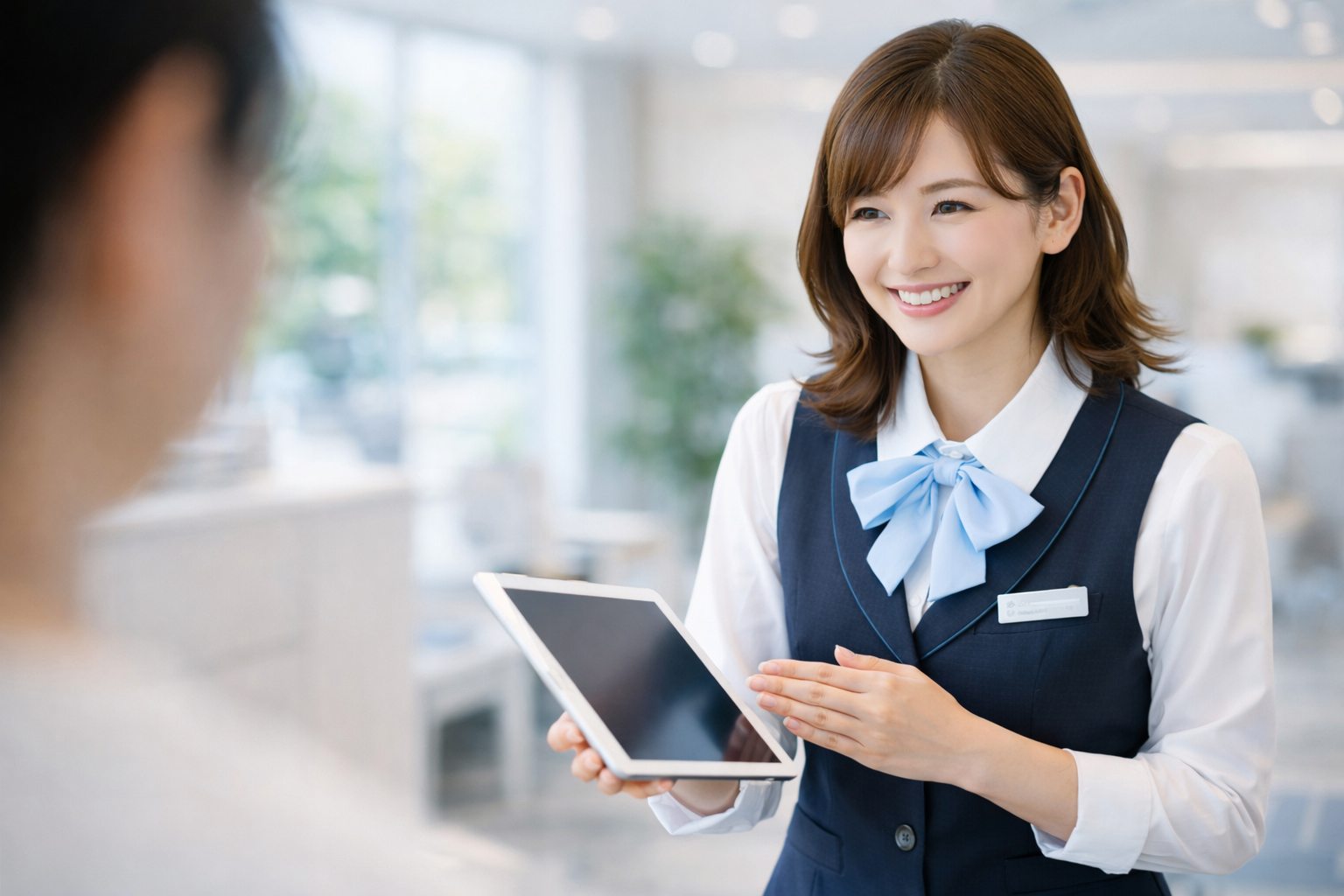 タブレットを持って説明をするスタッフ（安心感のあるイメージ）